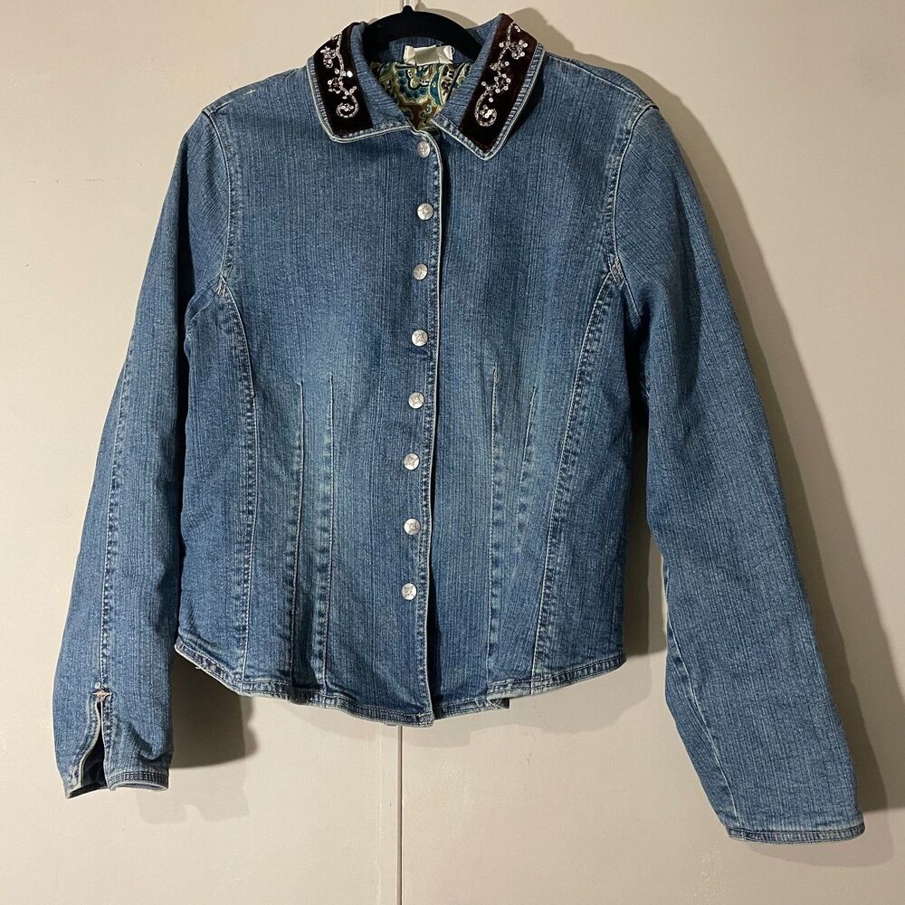 VINTAGE Women's Christopher Banks  Western Boho Cowboy Look Denim Jacket  SZ L